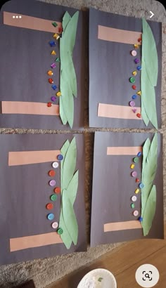 three pieces of paper that have been made to look like leaves and beads on them