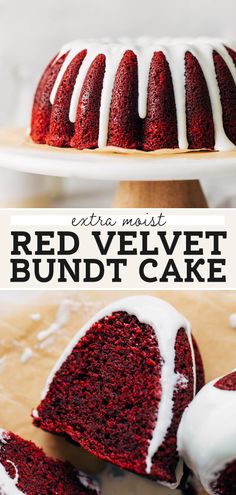 a red velvet bundt cake with white icing on top and sliced in half