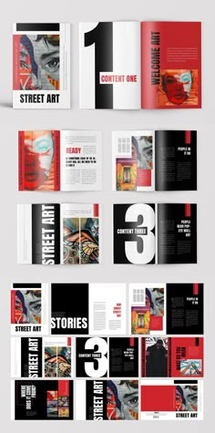 an assortment of brochures with different colors and designs on them, all in black and red