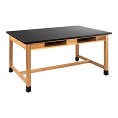 a black table with two drawers on each side and one drawer at the top, in front of a white background