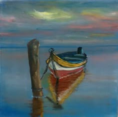 a painting of a boat in the water with a wooden pole sticking out of it