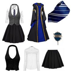 four different types of clothes and accessories for women in black, blue, white and gold