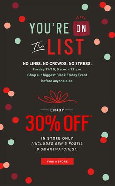 a black and red flyer with the words you're on the list, 30 % off