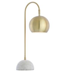 a gold and white lamp with marble ball on the base, against a white background