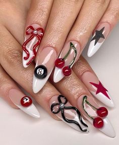 Nails Astethic, Nail Designs Long Nails, Lucky Nails, Nail Sunny, Cherry Nail Art, Cherry Nail, Vegas Nails, Airbrush Nails