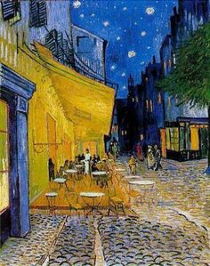 a painting of people sitting at tables in an outdoor cafe under a night sky with stars