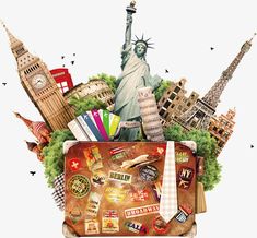 the statue of liberty is surrounded by many different travel related items, including luggage and stickers