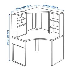 a drawing of a corner desk with shelves