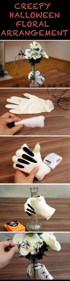 two pictures showing how to make gloves with fake flowers in them and the same glove