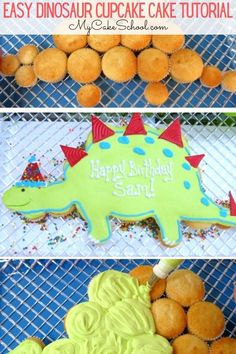 an easy dinosaur cupcake cake that is decorated with icing and sprinkles