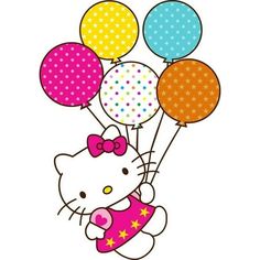 a hello kitty holding onto some balloons