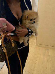 a woman is holding a small dog in her arms while she looks at the camera