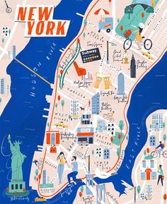 an illustrated map of new york with people walking and biking around the city, including the statue of liberty