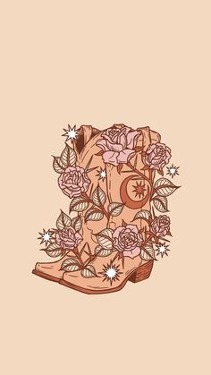 a pair of boots with flowers and stars on the bottom, in front of a beige background