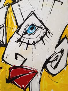 an abstract painting with blue eyes and red lips