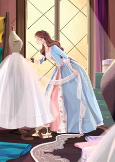 an animated image of a woman in a wedding dress looking at another woman's gown