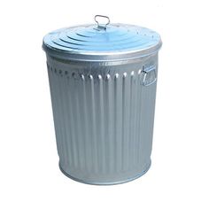 a large metal trash can on a white background