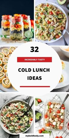 collage of cold lunch ideas including salads, pasta rolls, and other foods