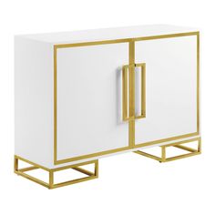 a white and gold sideboard with two doors on the front, one door open