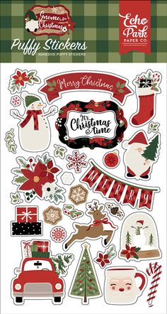 christmas stickers are shown in red, green and white