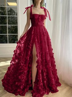 Prom Dress Princess Aesthetic, Cute Dresses Birthday, Red Cottage Core Dress, Cute Red Prom Dresses, Disney Theme Dress, Formal Banquet Dresses, Red Gala Dresses, Long Red Dresses, Long Spaghetti Strap Dress