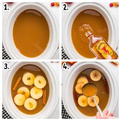 four pictures showing how to make apple cider