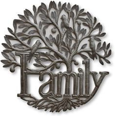 a metal tree with the word family in it's center and leaves around it