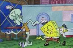 spongebob and patrick dancing in the living room with other cartoon characters behind them