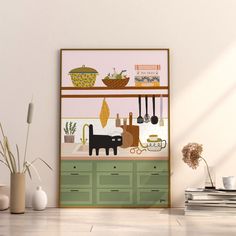 a kitchen scene with pots and pans on the shelf above the sink, framed in wood