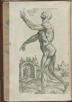 an old book with a drawing of a man holding his arm out in front of him