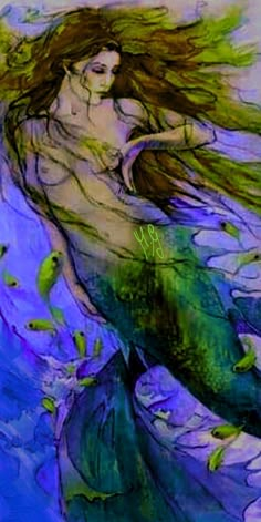 a painting of a mermaid with her hair blowing in the wind