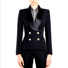 Perfect Condition. Black Iconic Balmain Four Button Blazer. Gold Hardware. Nwt. Designer Black Double-breasted Blazer, Luxury Blazer With Double Button Closure, Luxury Double-breasted Outerwear For Evening, Luxury Double Button Blazer, Luxury Double-breasted Evening Outerwear, Designer Evening Blazer With Button Closure, Designer Evening Blazer With Buttons, Luxury Evening Blazer With Button Closure, Luxury Double Button Evening Blazer