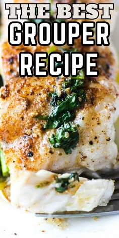 the best grouper recipe for fish and asparagus on a white plate with text overlay