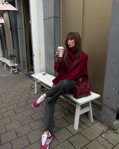 Maroon Sweater and Grey Pin-striped Trouser paired with red sneakers and burgundy bag Fest Outfits, Red Purse, Mode Casual, Trendy Fall Outfits, Fall 24, Autumn Outfits