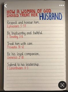 a notebook with the words how a woman of god should treat her husband