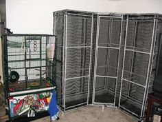 the room has several cages in it