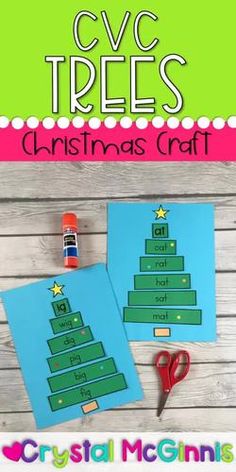 two christmas tree cut outs with scissors and glue