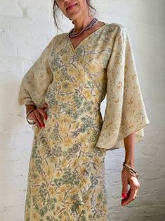 "Stylish light summer, made with easy y wrap tie waist closure Perfect occasion and party outfit  With boho style bell sleeve MEASURE size S/M Bust up to 40\" Length 32\" MATERIAL * silk Thank You for looking" Bohemian V-neck Wrap Dress For Brunch, Beige V-neck Dress With Tie Back, Chic V-neck Silk Dress With Floral Print, Beige Silk V-neck Dress, Spring Dresses With Flowy Kimono Sleeves, Spring Flowy Dresses With Kimono Sleeves, Flowy Spring Dresses With Kimono Sleeves, Spring Dresses With Kimono Sleeves, Spring Dresses With Flowy Fit And Kimono Sleeves