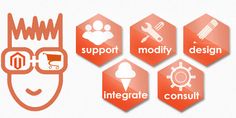 an orange hexagonal icon with the words, support, motivy, design and