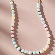 Offers Welcome This Anthropologie Beaded Rainbow Pearl Necklace Is Made Of White Glass Pearls With Different Color Rainbow Seed Beads In Between The Pearls. Necklace Closes With A Gold Lobster Clasp Closure. Necklace Length Is 16" With Extender So You Can Make It Longer Or Shorter. Pearl Size Approximately 6mm. Neckmess Ideas, Beaded Rainbow, Blue Turquoise Necklace, Bead Creations, Rainbow Pearl, Biwa Pearls, Boho Cowgirl, Stone Choker, Fun Jewelry