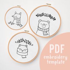 three embroidery hoops with drawings of animals on them and the text, pdf embroidery template