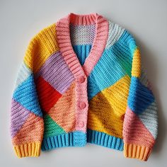 a multicolored cardigan sweater on a white surface