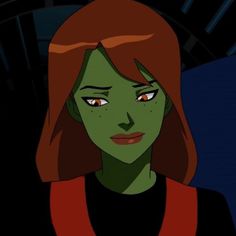 an animated woman with red hair and green eyes