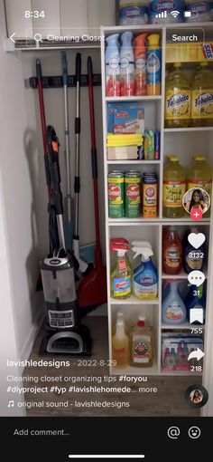 the inside of a closet with cleaning products on shelves and an appliance for cleaning