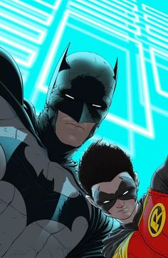 the batman and robin wayne characters are in front of a blue background with neon lines