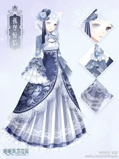 an anime character wearing a blue and white dress with snowflakes on the side