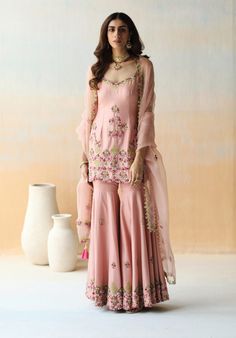 Aman Takyar-Onion Pink Sharara Set-INDIASPOPUP.COM Pink Sharara Outfit, Sharara Outfits, Floral Thread Embroidery, Pink Sharara, Ceremony Outfit, Onion Pink, Desi Vibes, Eastern Wear, Special Outfits