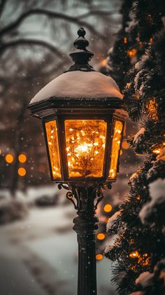 a street light covered in snow next to a tree with lots of lights on it