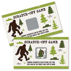 two tickets for the scratch off game with a bigfoot and trees in the background