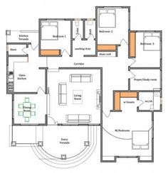 the floor plan for an apartment with three bedroom and two bathrooms, one living room